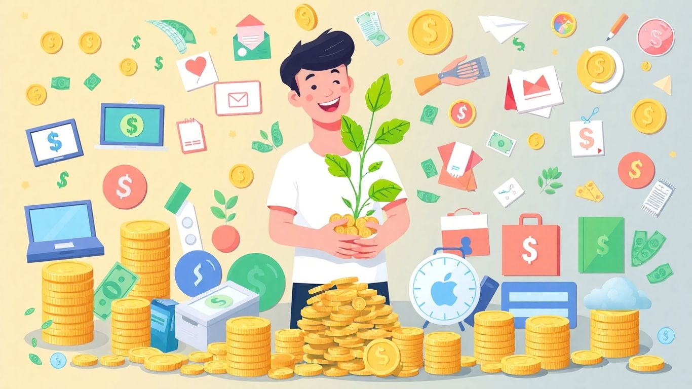 Ilustração de ideias de renda extra com dinheiro e crescimento.