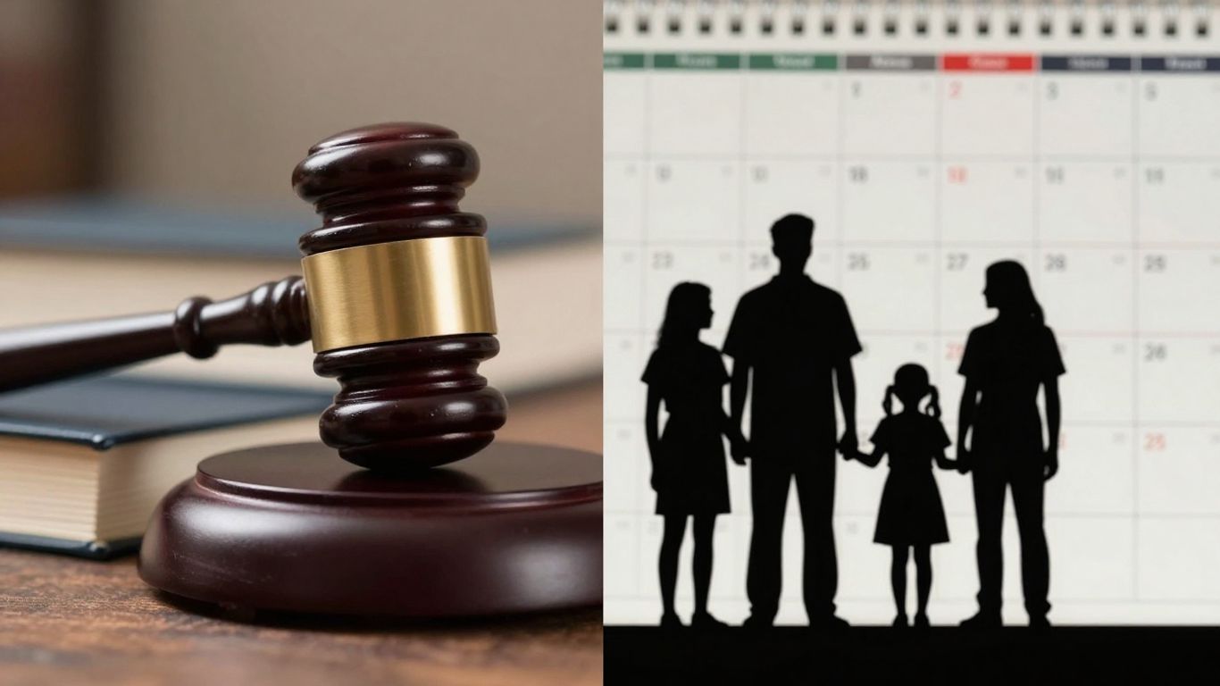 Gavel and legal books next to family silhouette and calendar pages.