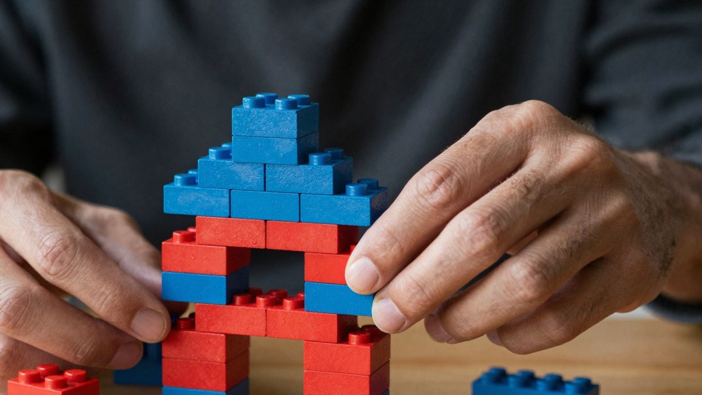 Mains construisant une structure avec des blocs colorés.