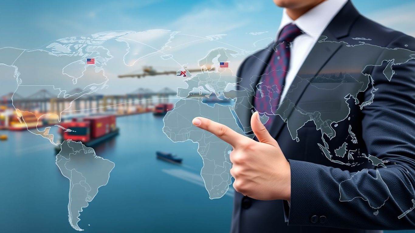 Freight broker training, logistics, global shipping routes, trucks, cargo ships.