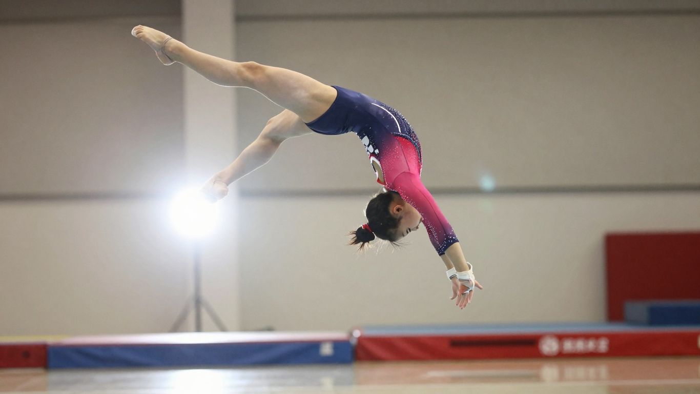 Gymnast performing a tumbling pass with determination.