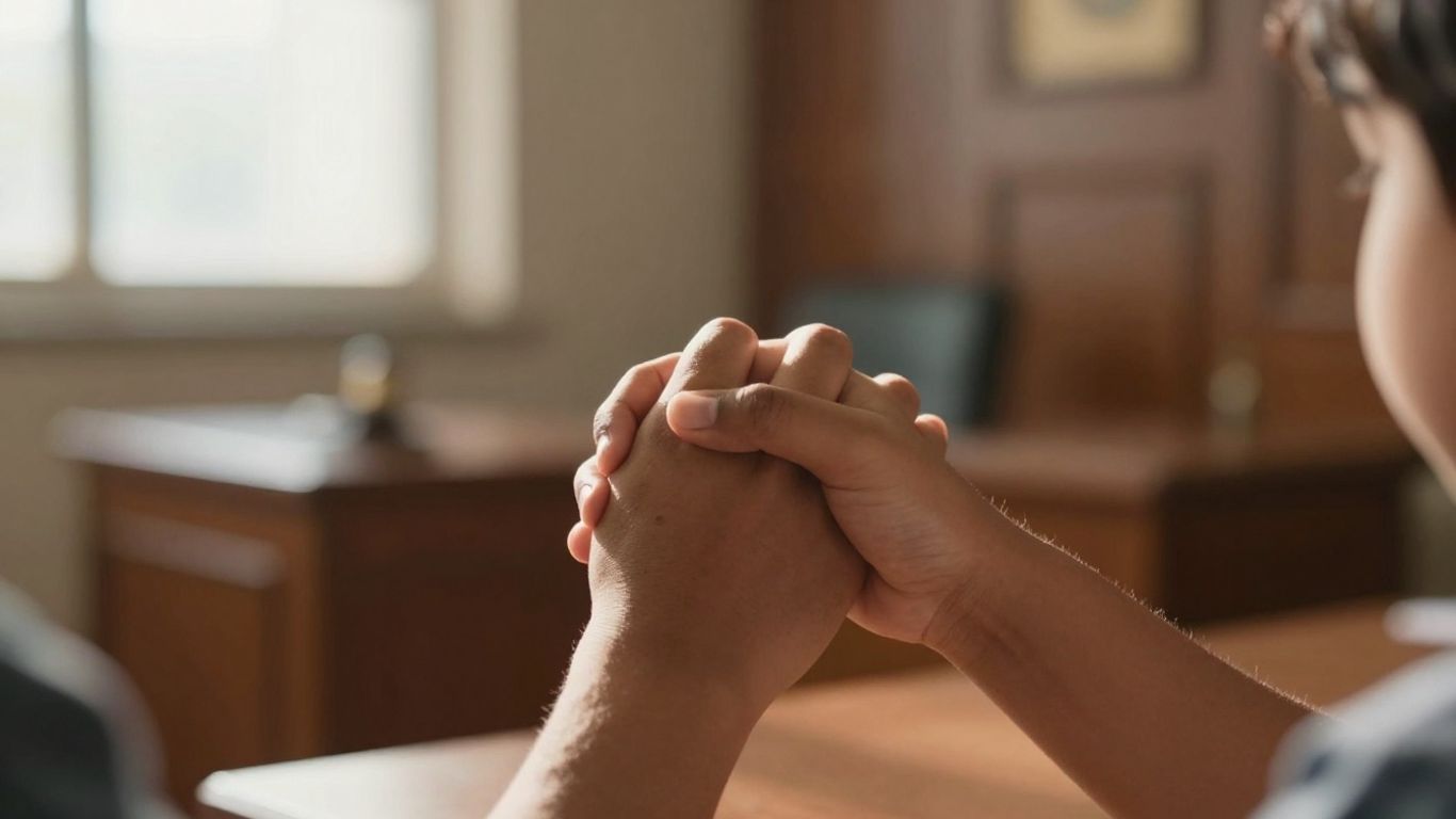 Parent and child hands, courthouse background, legal support.