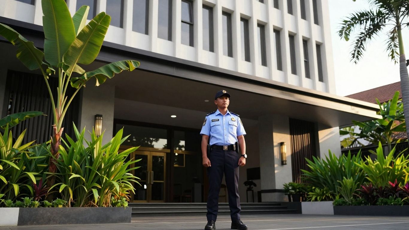 Corporate security guard in Bali office building.