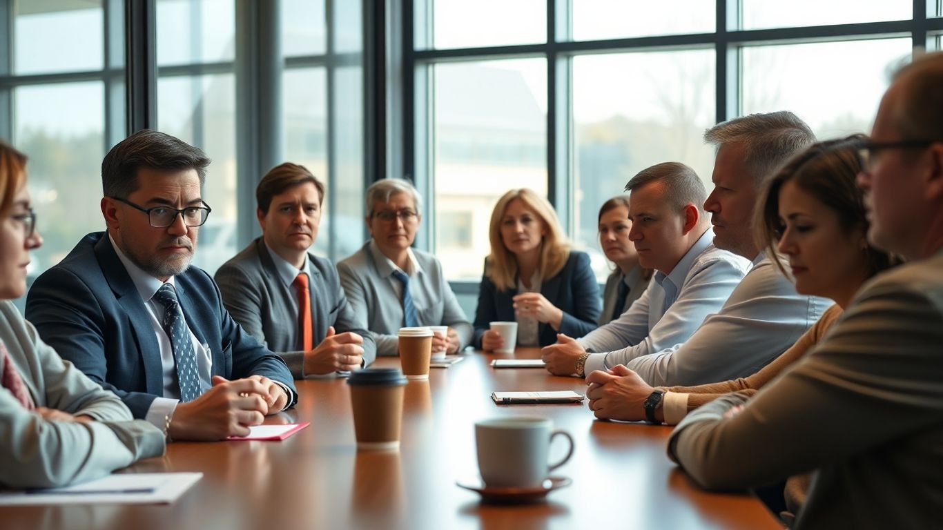 Agents territoriaux fatigués autour d'une table de réunion.