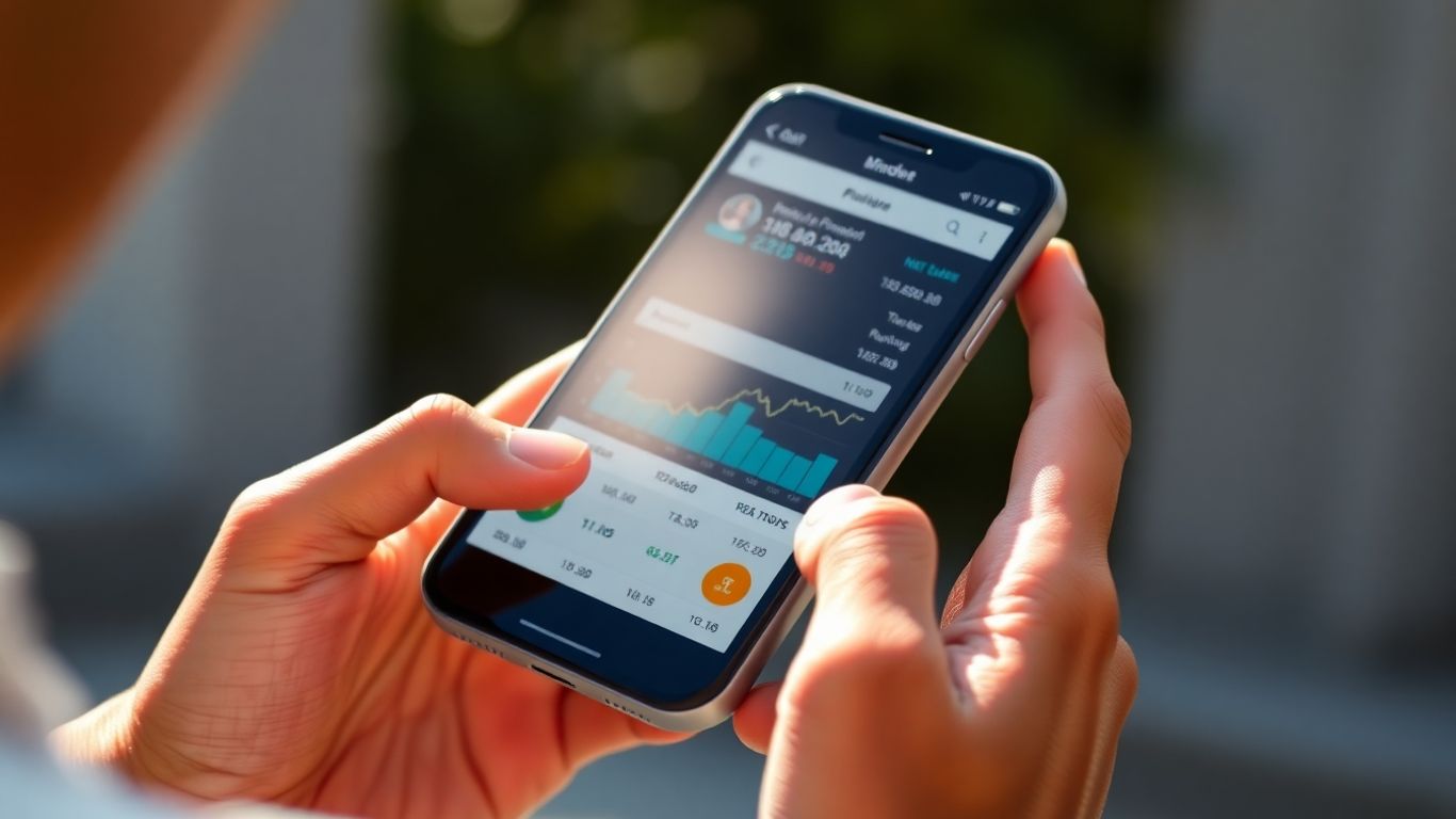 Hands holding smartphone with financial portfolio data.