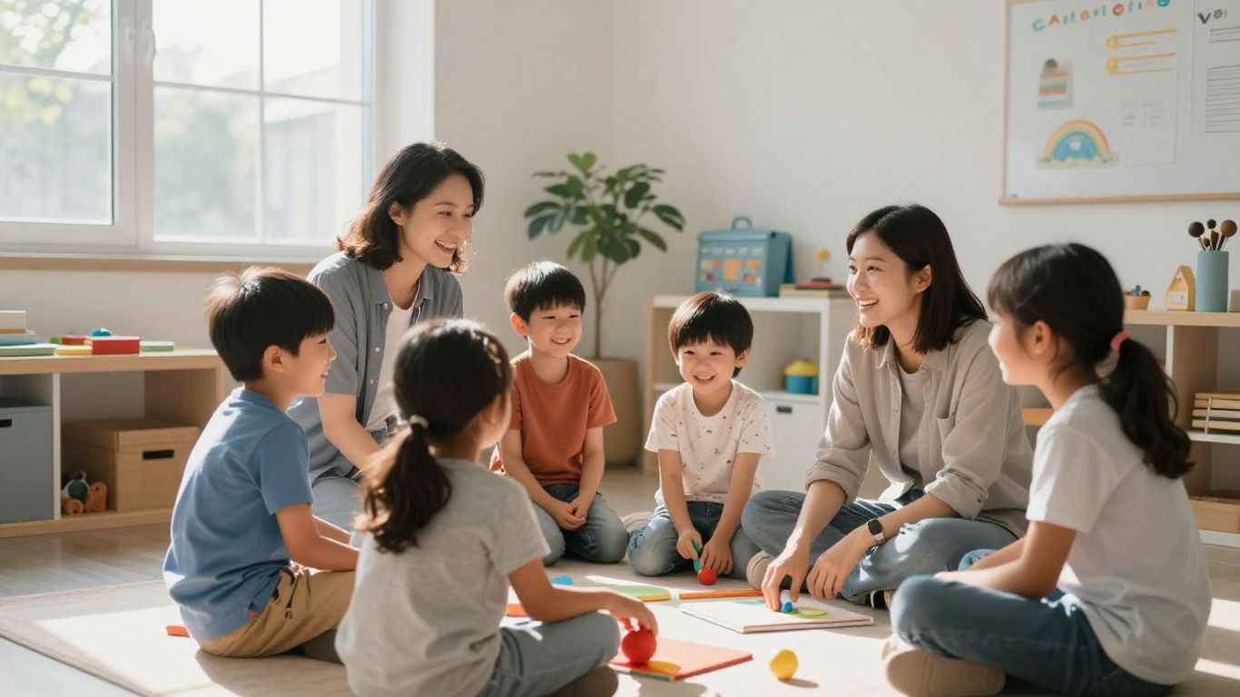 Children and therapists interacting positively in a bright therapy room.