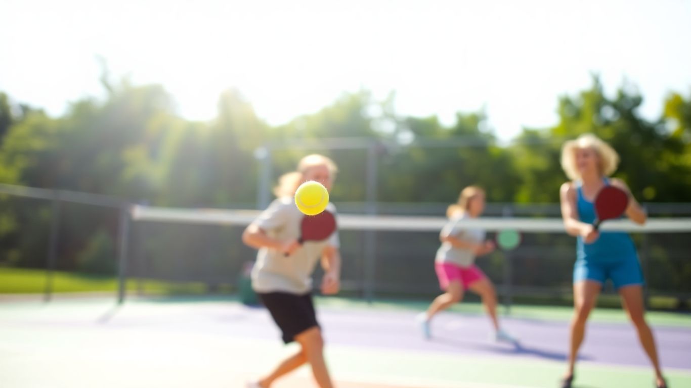 Pickleball players in action on a sunny court.