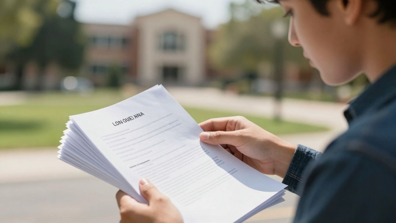 Student reviewing private loan documents with campus background.