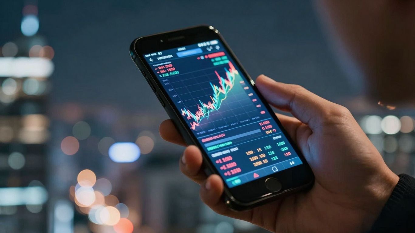 Hand holding smartphone with stock market data.