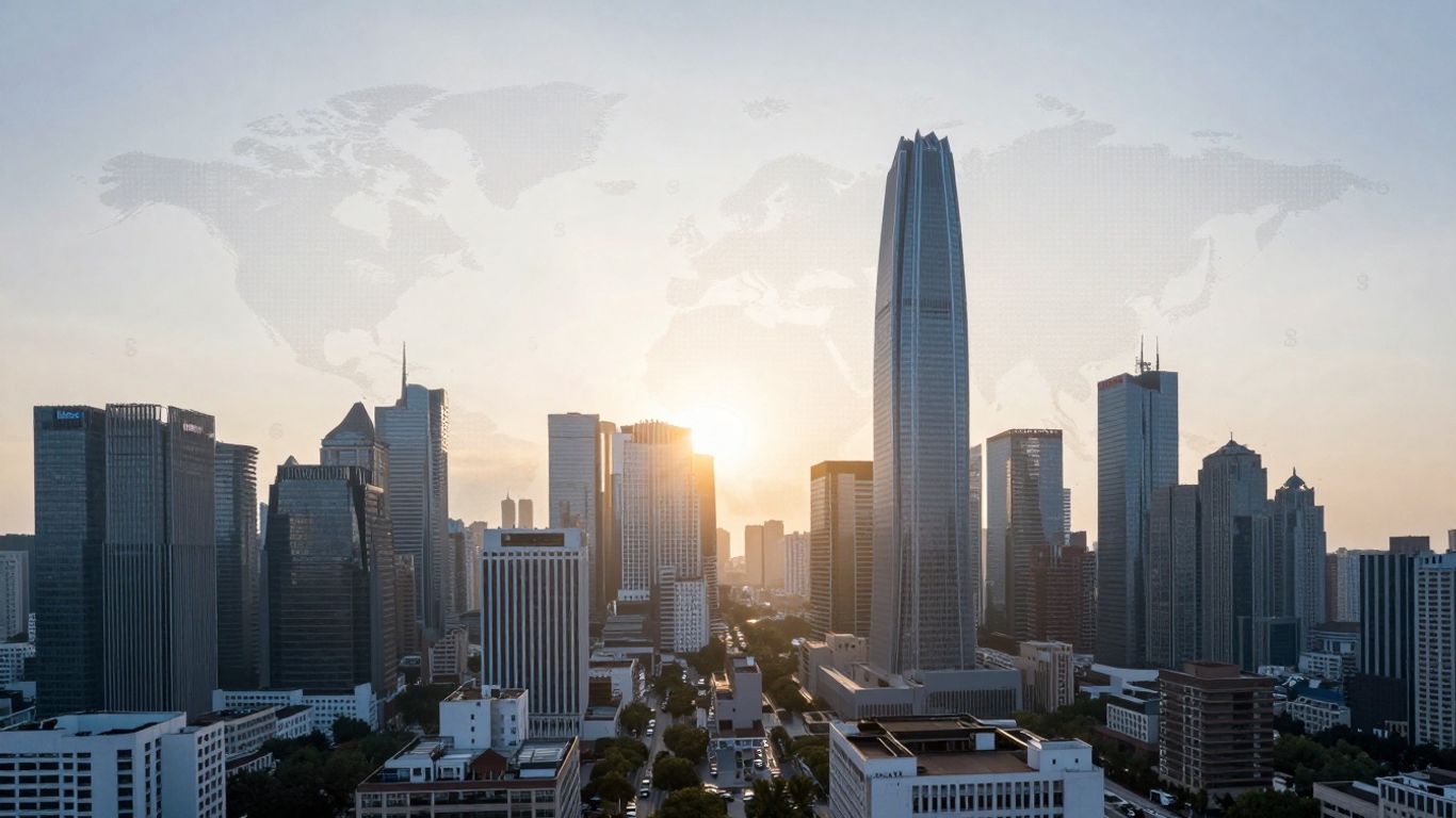 US Forex market cityscape with currency symbols.