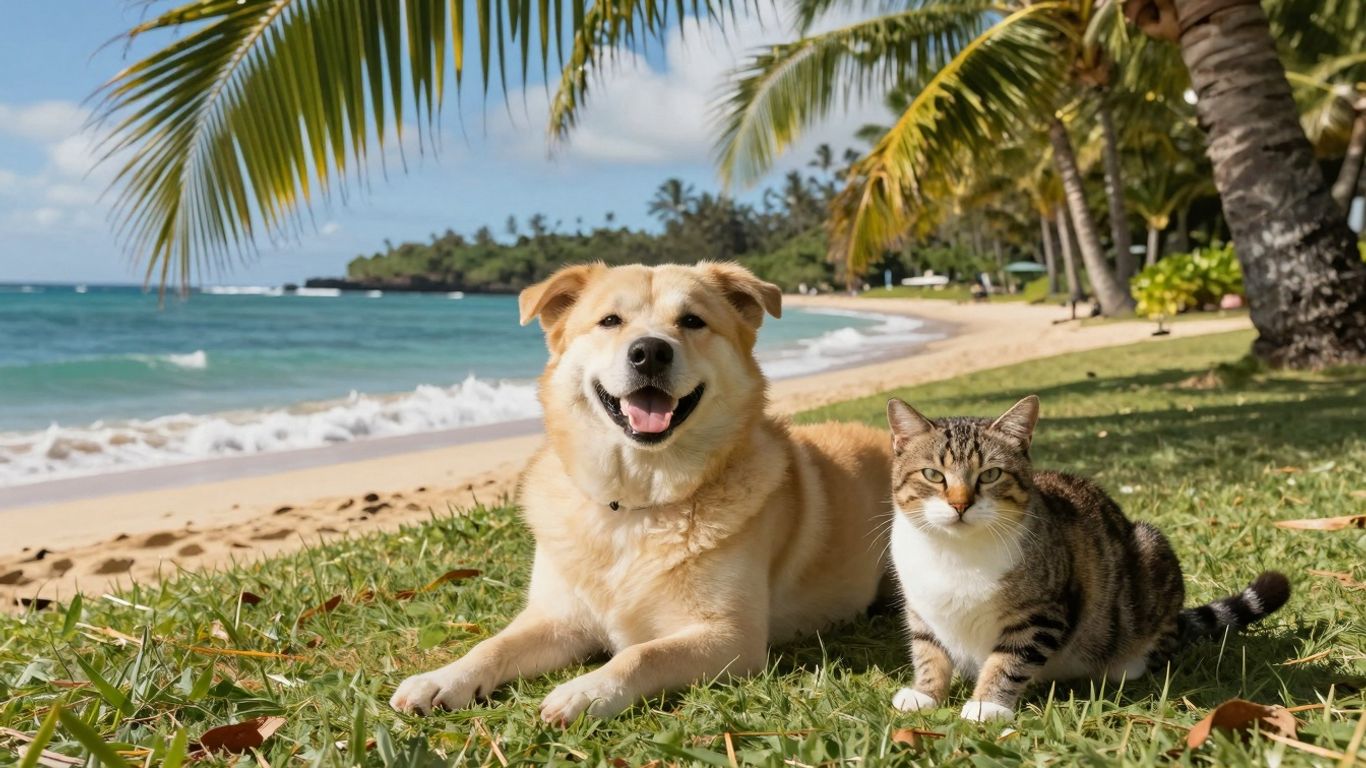 Happy dog and cat on a Hawaiian beach.