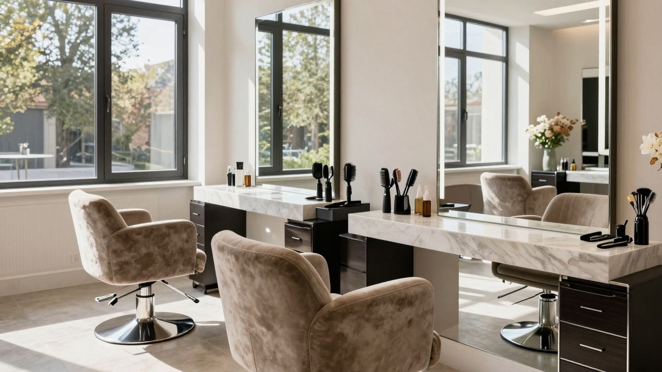 Modern beauty salon interior with styling tools and natural light.