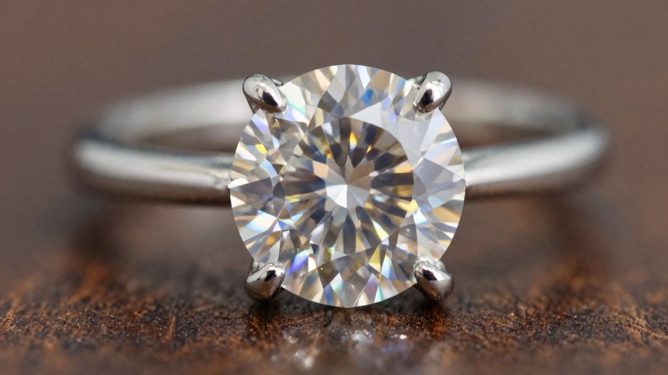 Sparkling diamond engagement ring on a finger.
