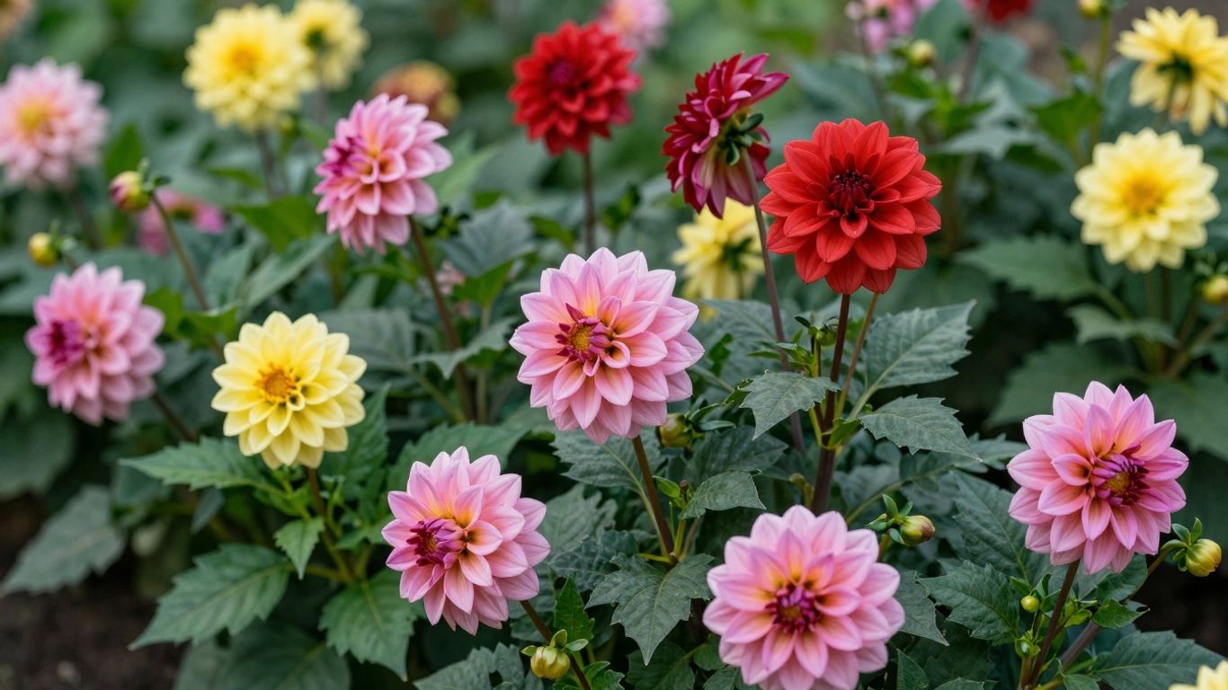 Kleurrijke dahlia's in volle bloei in een tuin.
