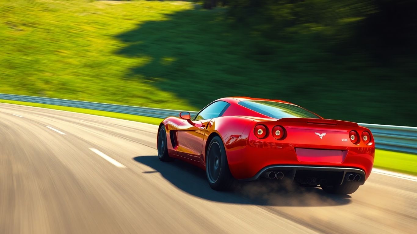 Voiture de sport rouge sur une piste de course ensoleillée.