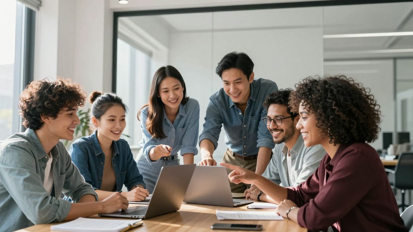 Diverse group collaborating in a bright, modern office space.