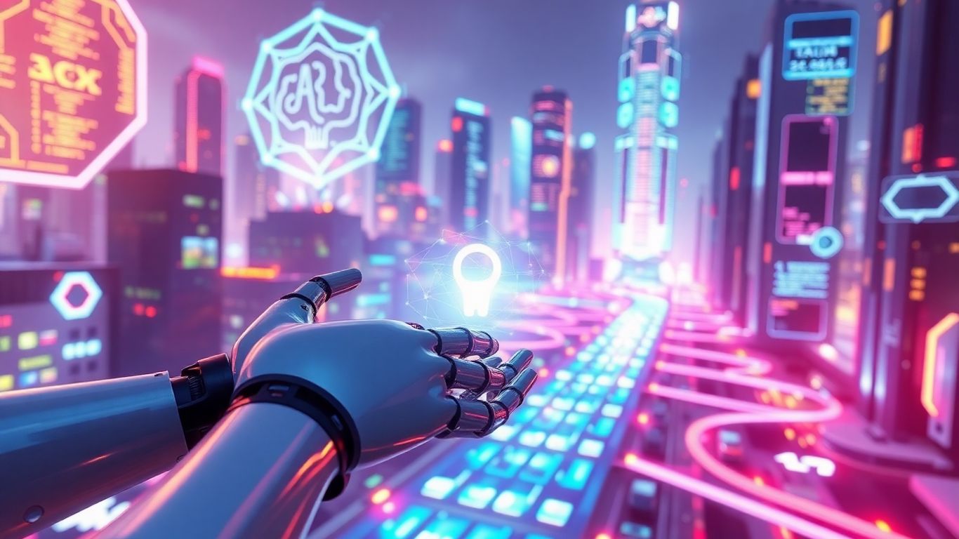 AI agents interacting in a futuristic digital landscape.