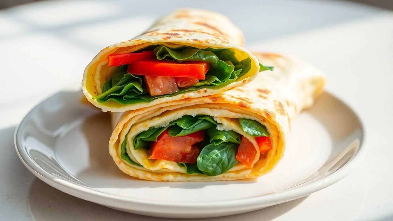 Wrap de omelete saudável com vegetais coloridos.