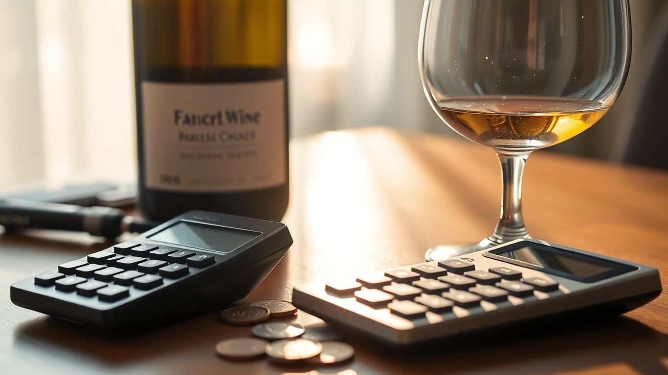 Garrafa de vinho, taça e calculadora em mesa.