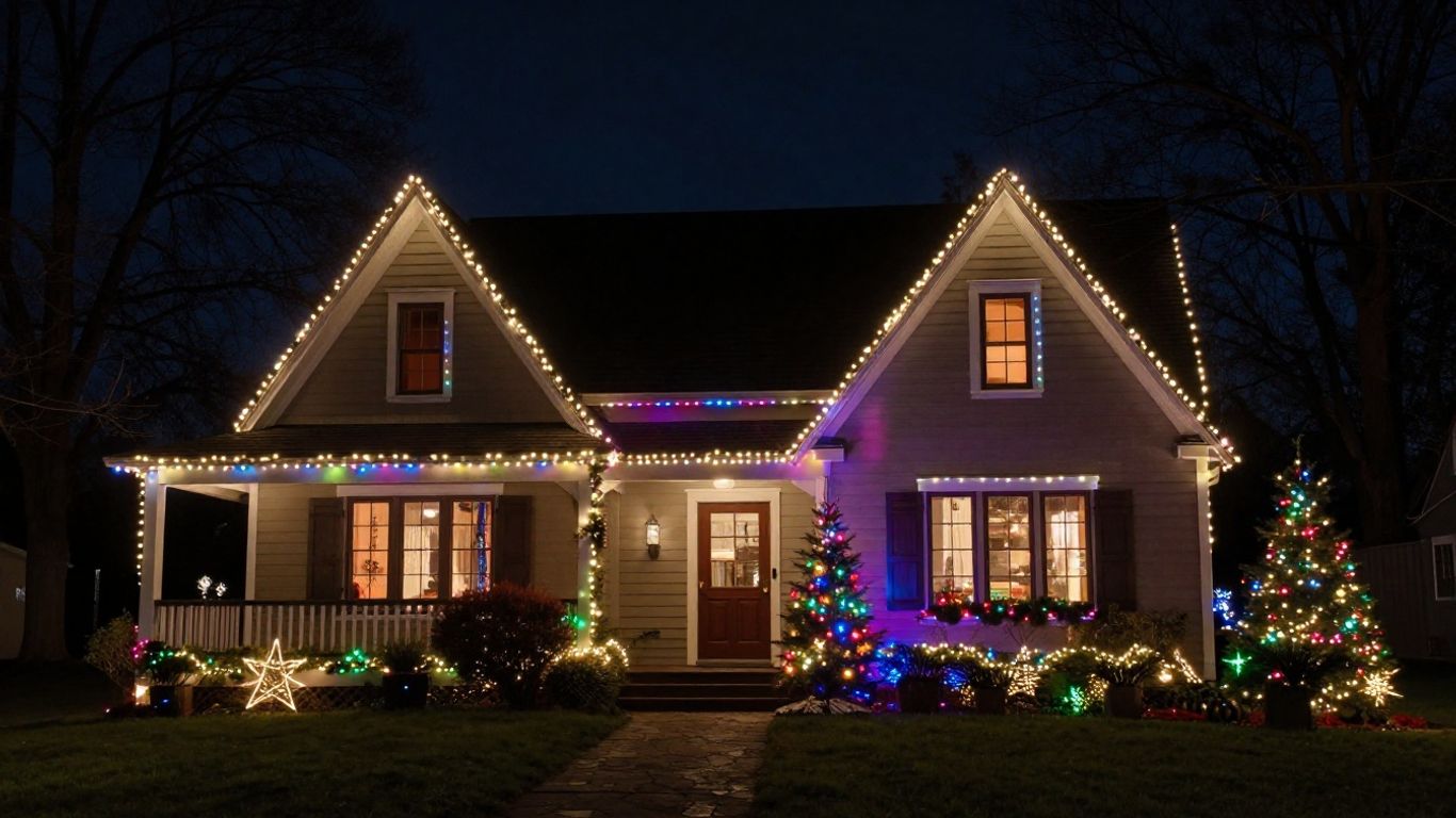 Shiloh house decorated with professional Christmas lights at night.