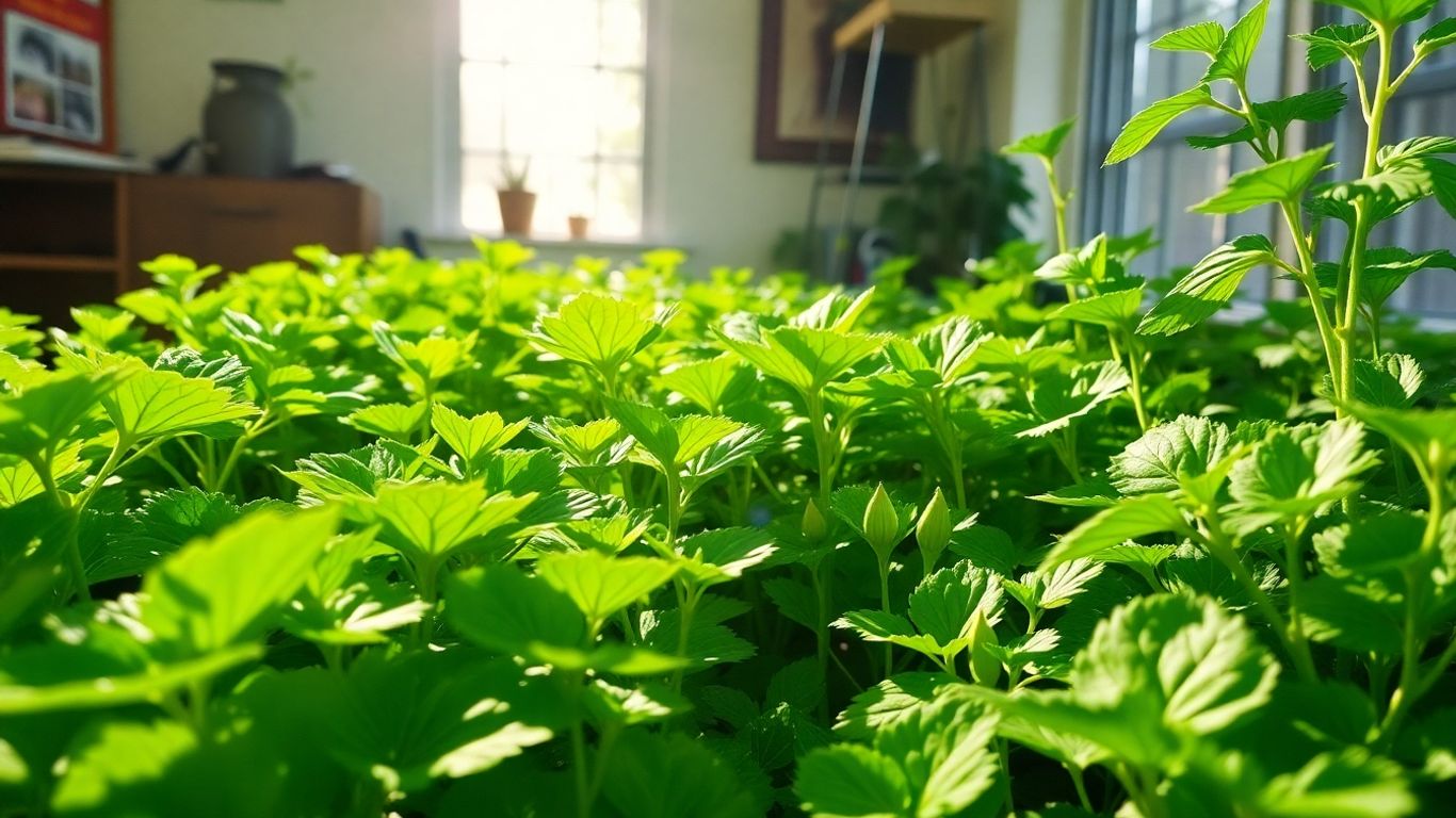 Lush indoor vegetable garden with healthy plants.