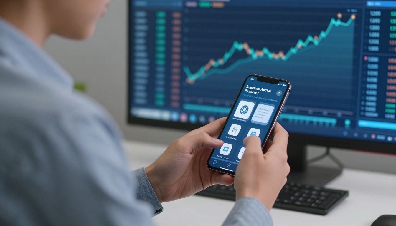 Pessoa usando o smartphone para analisar aplicativos financeiros, gráfica de crescimento ao fundo, ambiente moderno