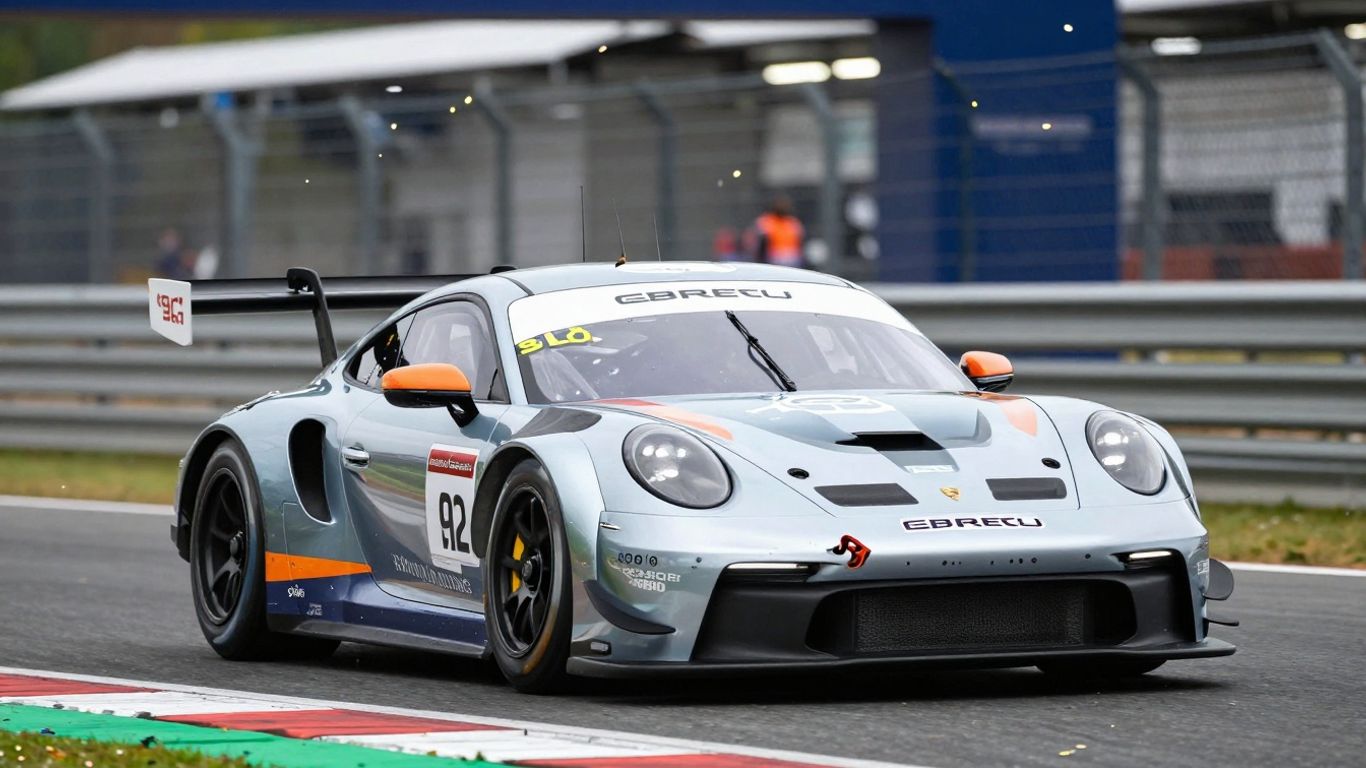 Porsche race car celebrates victory on track.