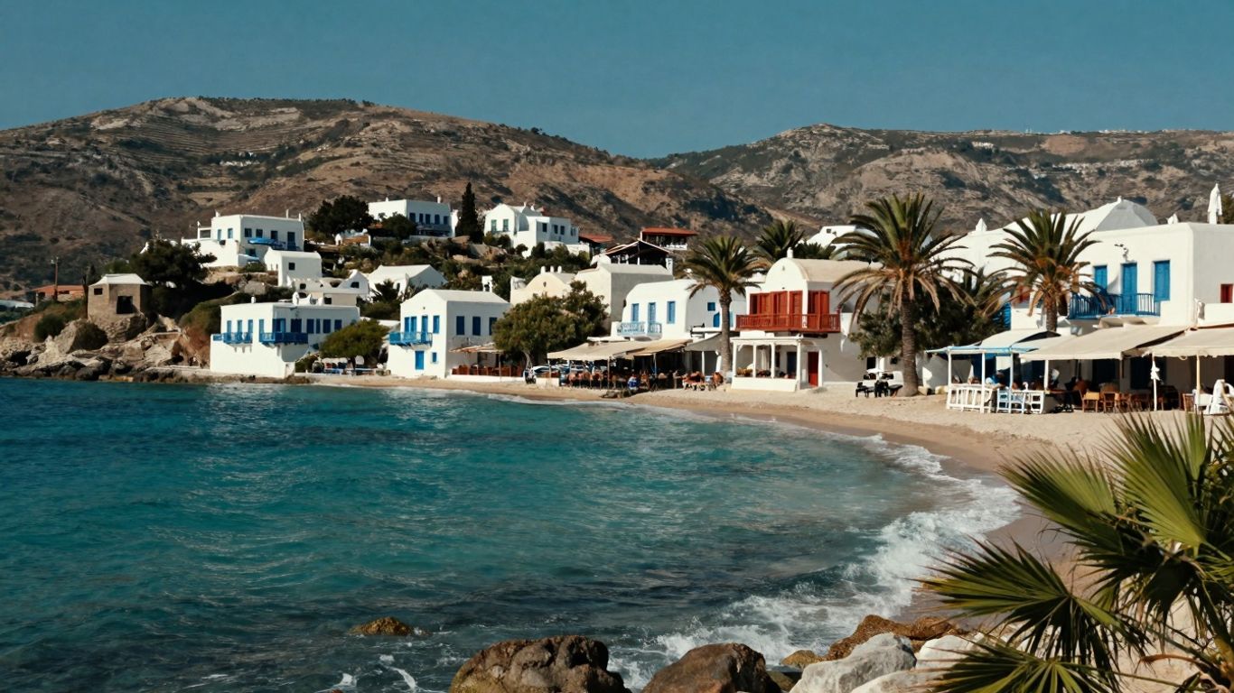 Piękna grecka wyspa z plażą i białymi domkami.