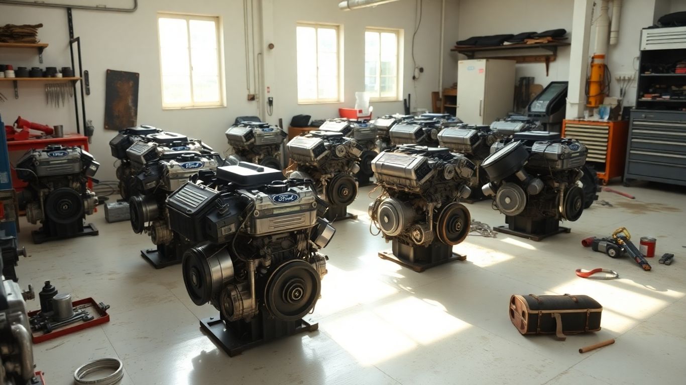 Various Ford engines arranged in a workshop