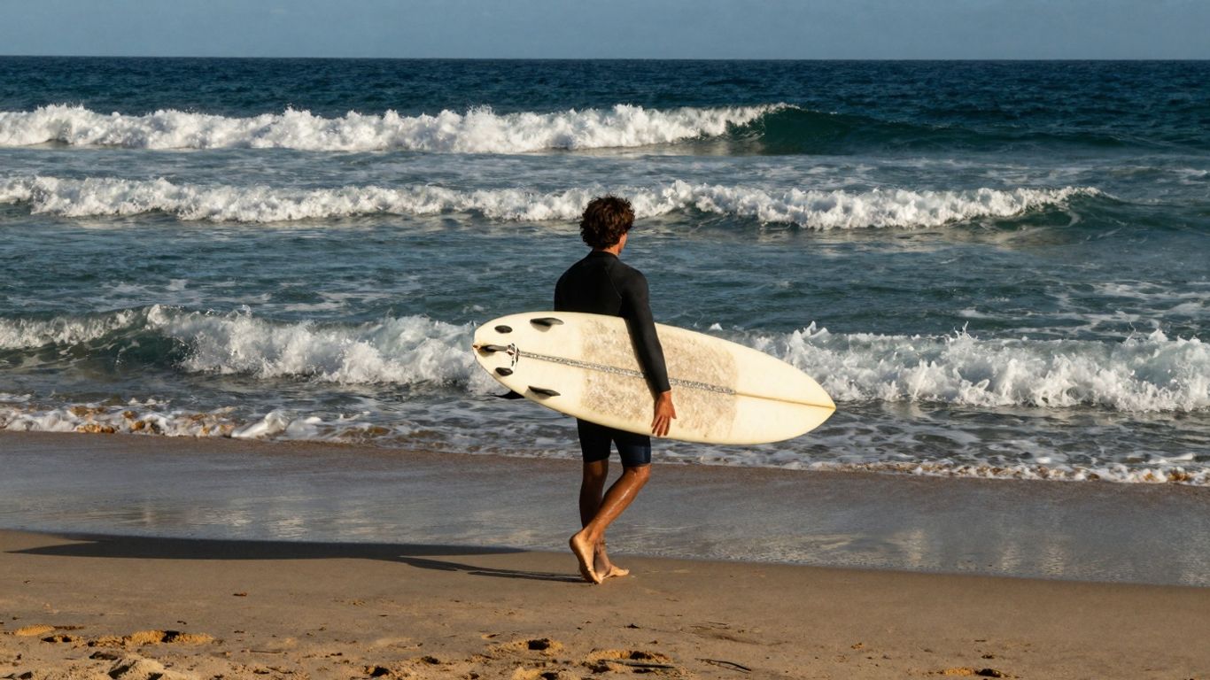 Surfer mit Surfbrett am Strand