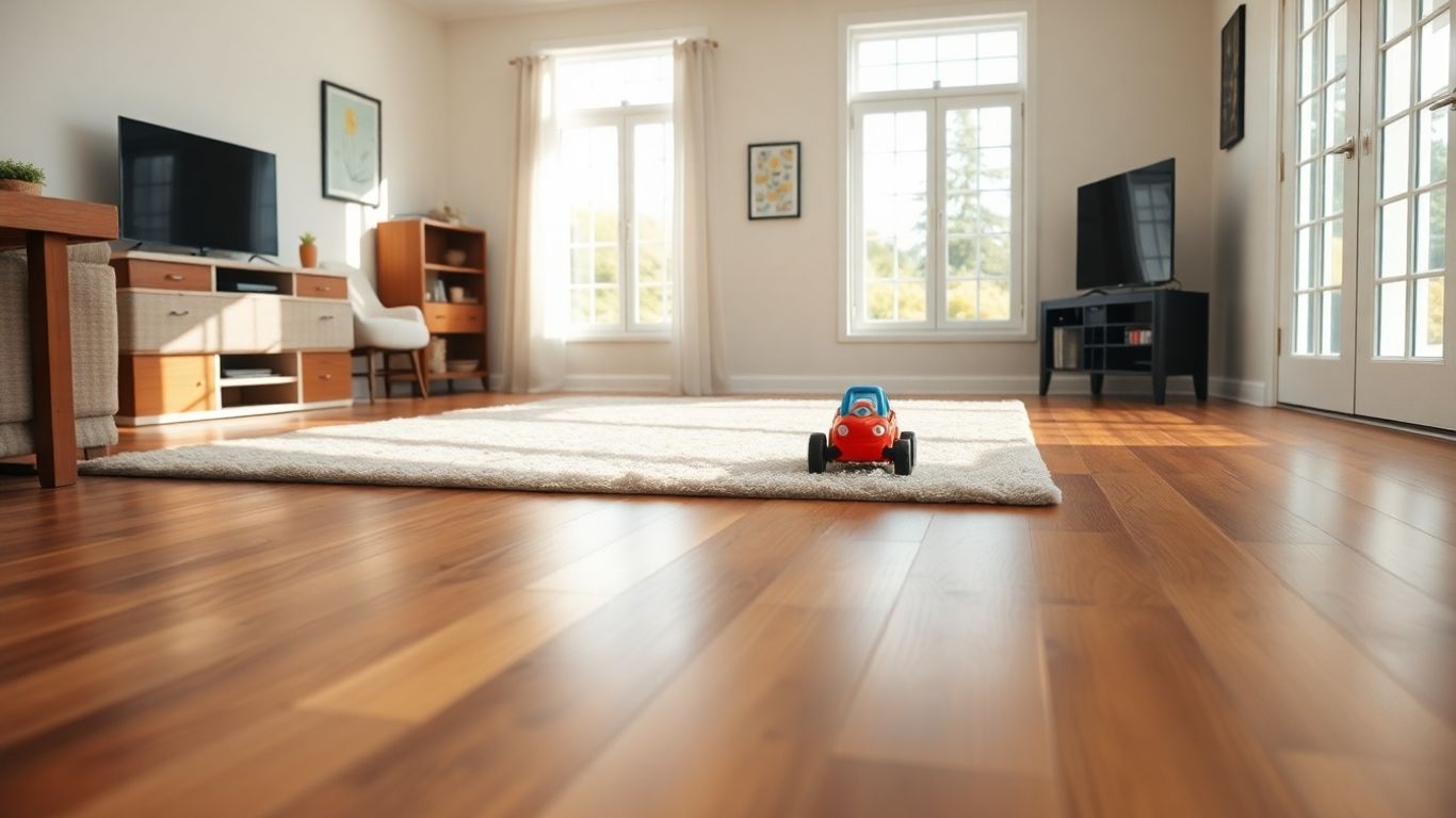 Durable hardwood flooring in a sunlit living room.