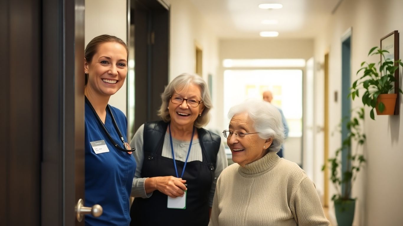 Hostel staff helping elderly resident in safe, bright corridor.