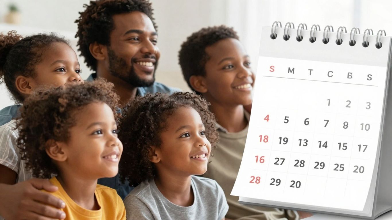 Family looking towards a bright future, calendar page turning.