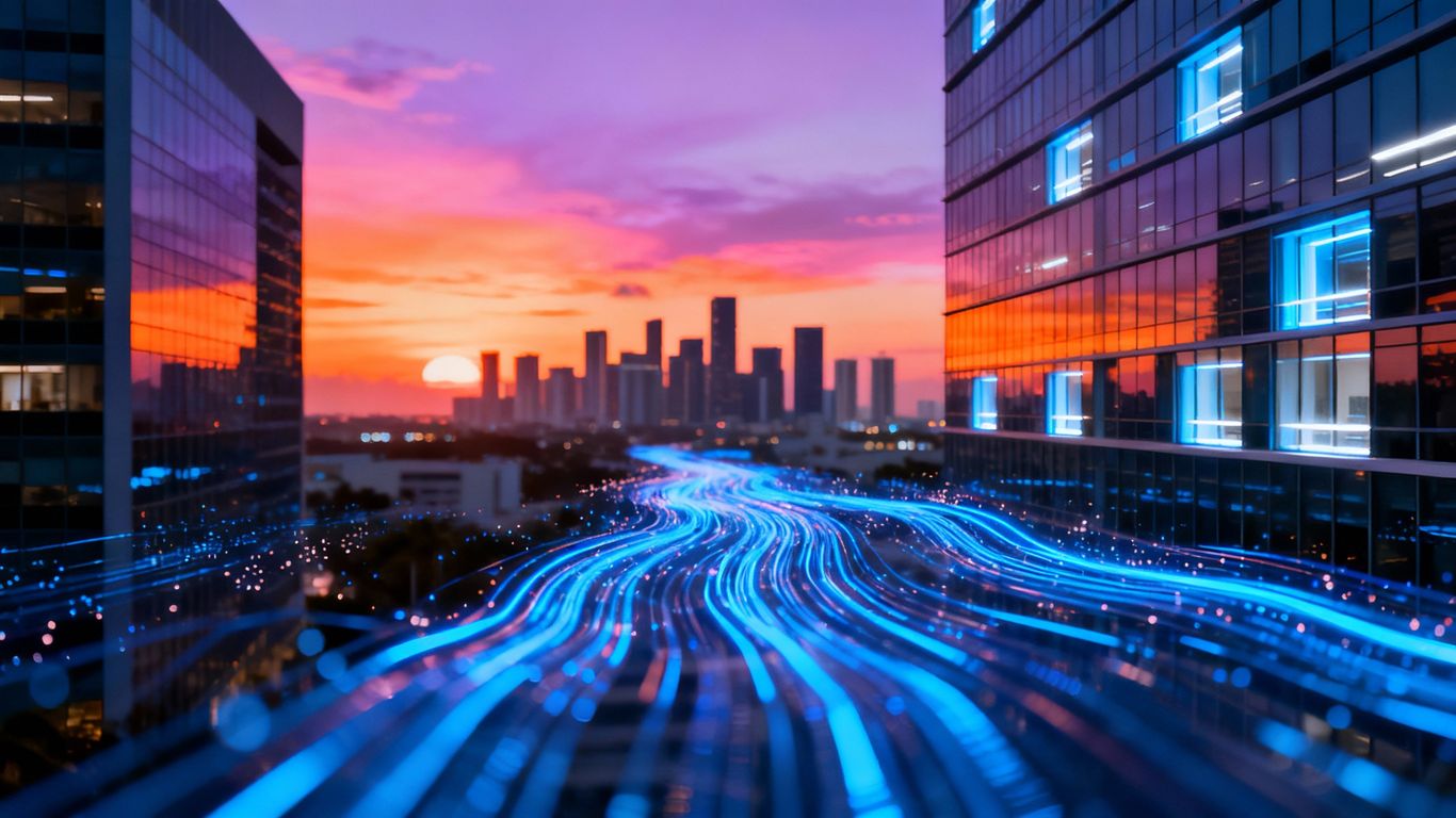 Miami skyline with glowing office buildings and data streams.