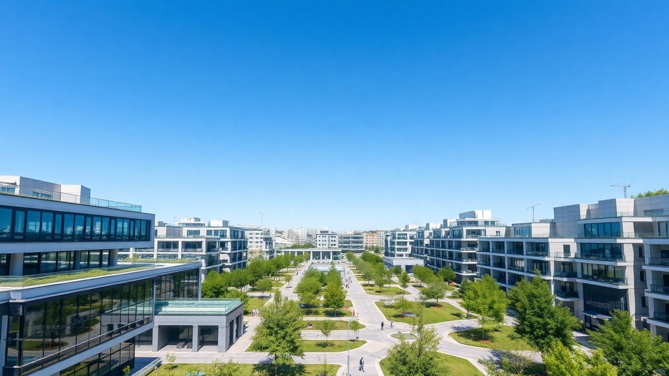 Paisagem urbana moderna com arquitetura contemporânea e espaços verdes.