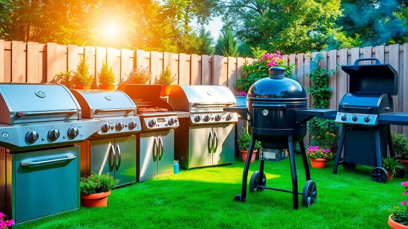 Backyard BBQ setup with various grills.