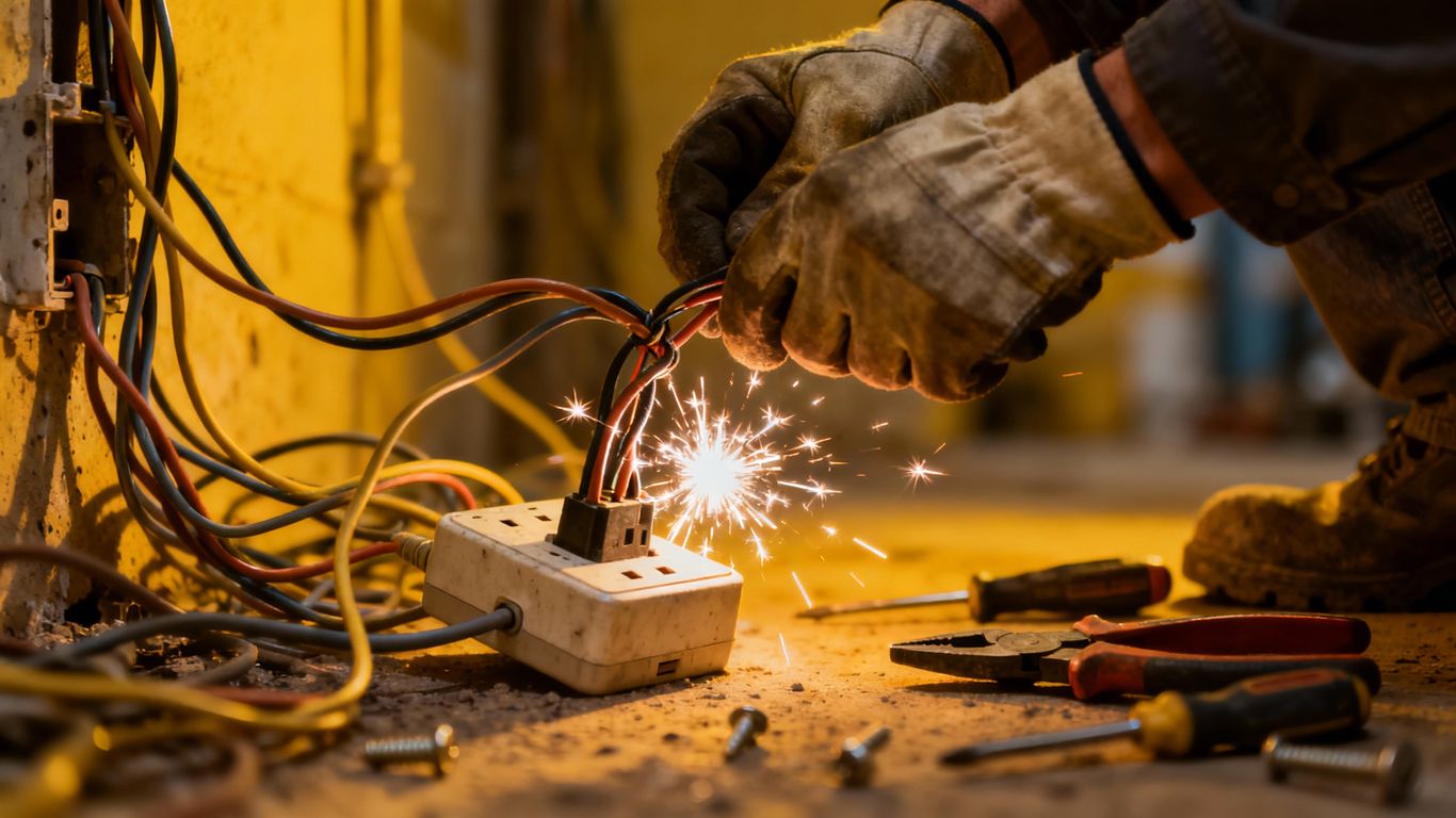 DIY electrical project gone wrong with tangled wires and sparks.