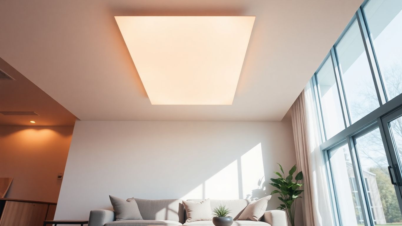 Ceiling LED light illuminating a modern living room.