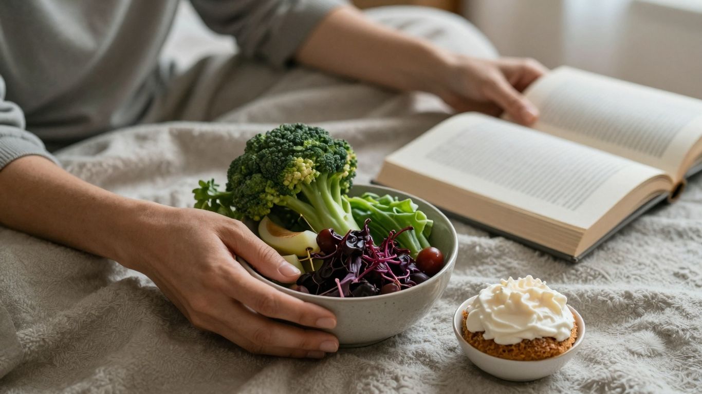 Persoană alegând conștient între mâncare sănătoasă și carte.