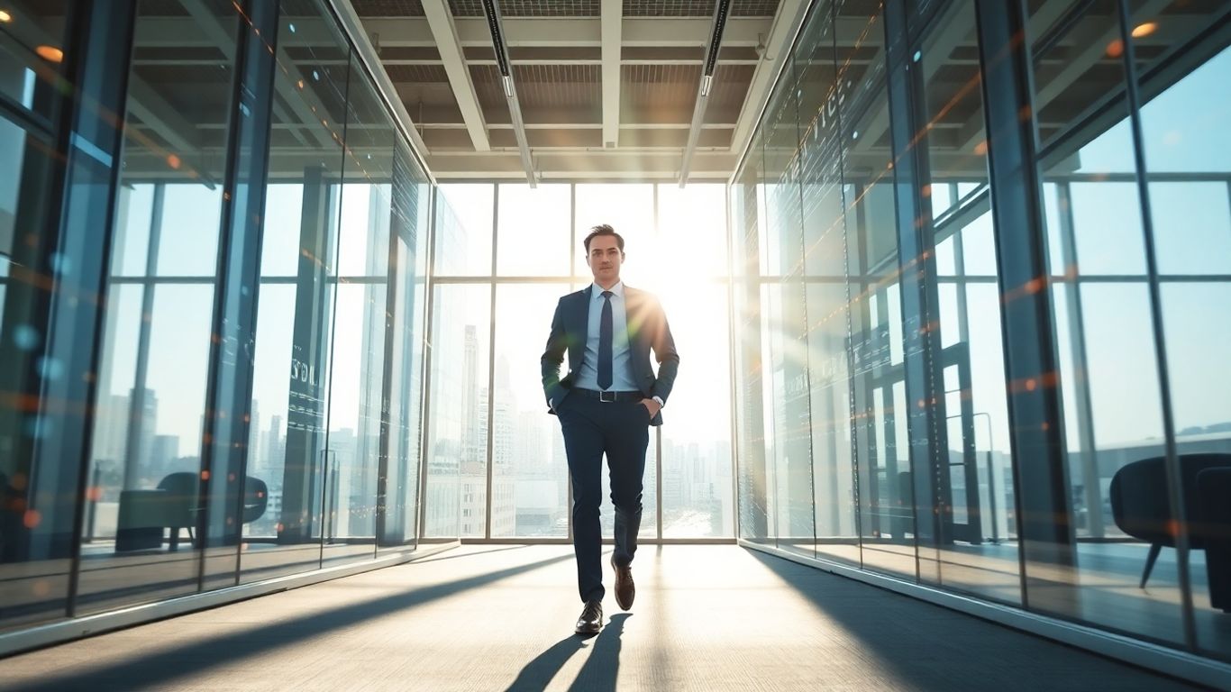 Financial professional in bright office with abstract light streams.