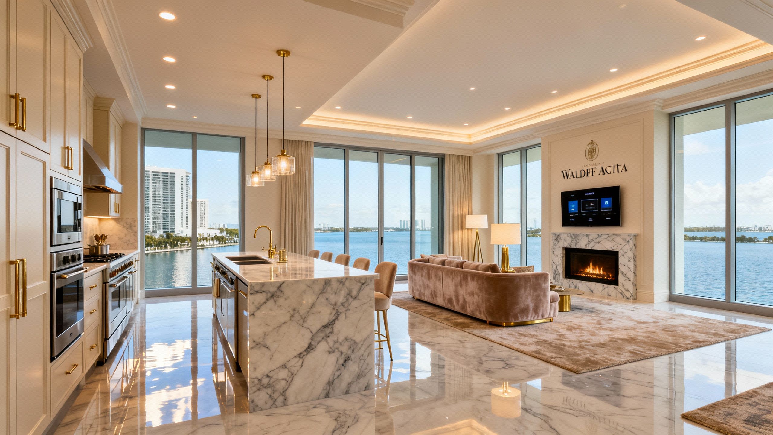 Designer kitchen and living space of a Waldorf Astoria Residences Miami unit with panoramic bay views, top-tier finishes, and luxury branding