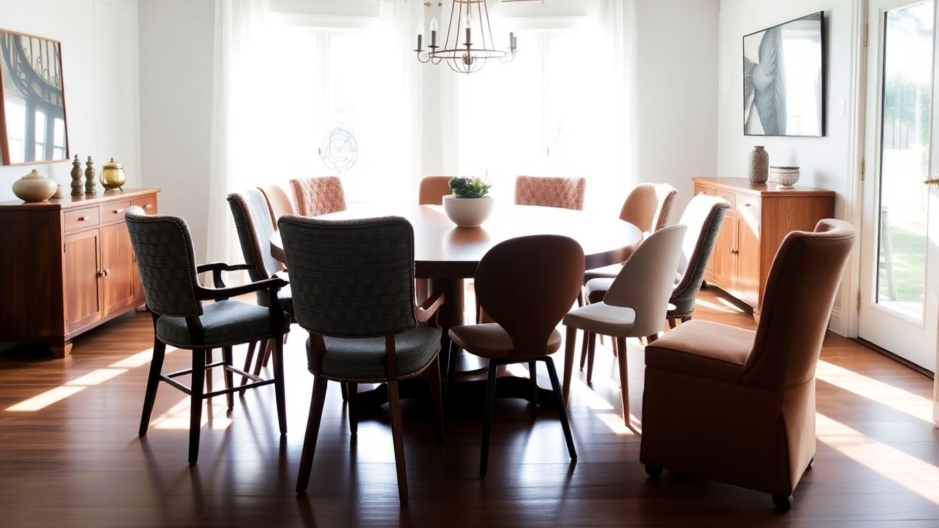 Diverse dining chairs arranged around a wooden table.
