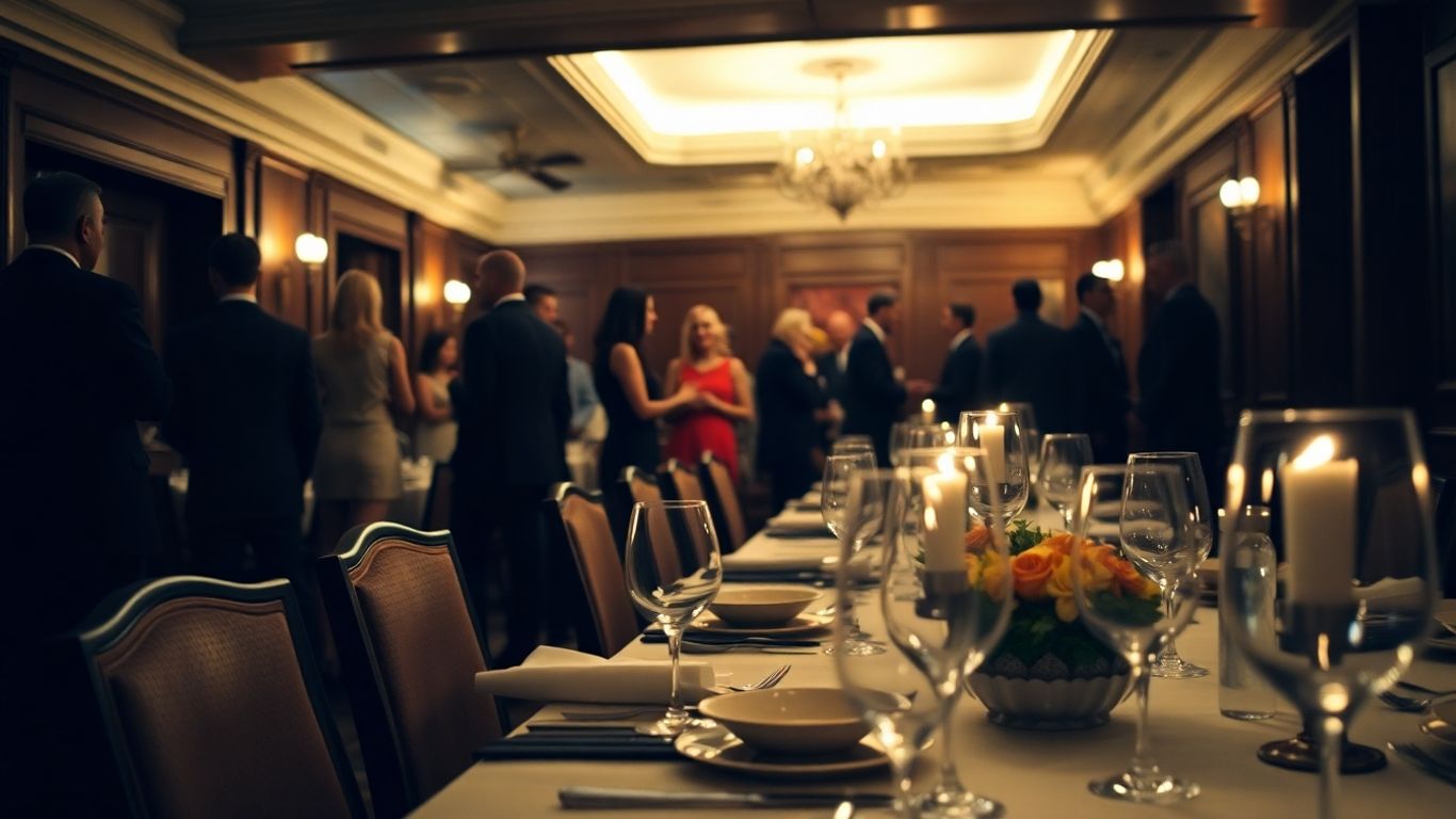 Elegant private social club dining room with well-dressed patrons.