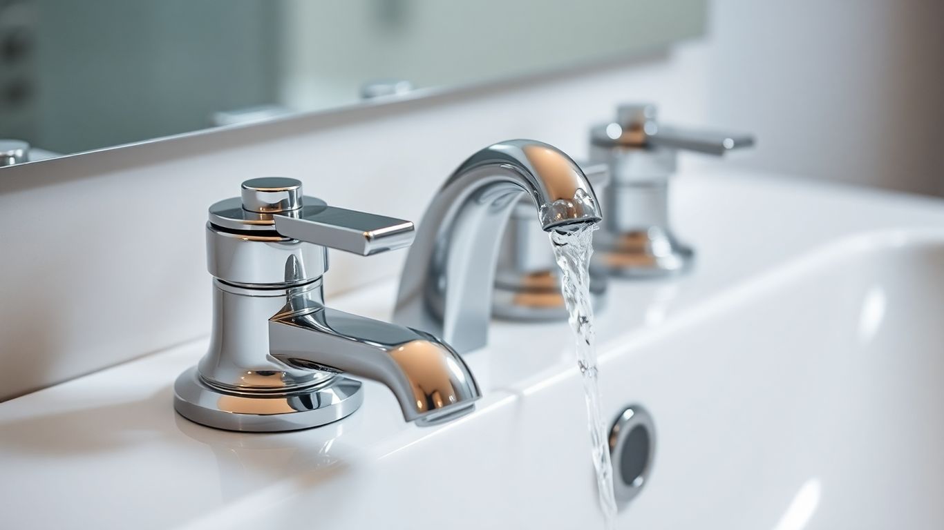 Modern bathroom sink with chrome basin taps.