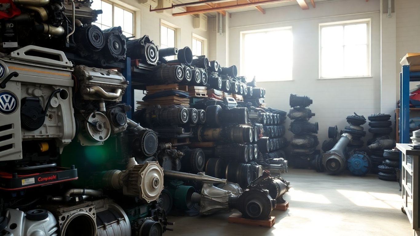 Used Volkswagen parts in a warehouse
