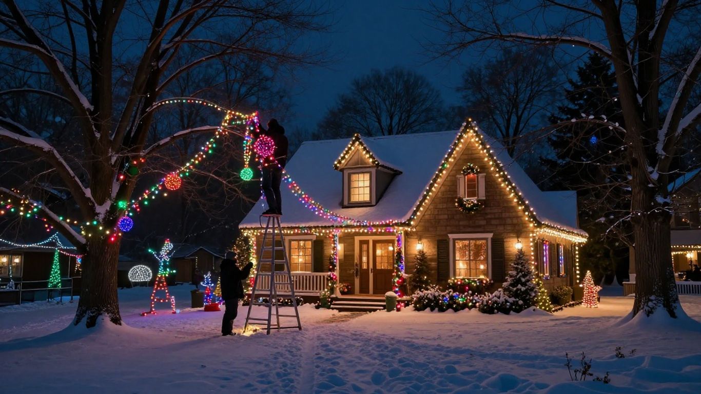 Festive house with Christmas lights in Shiloh.
