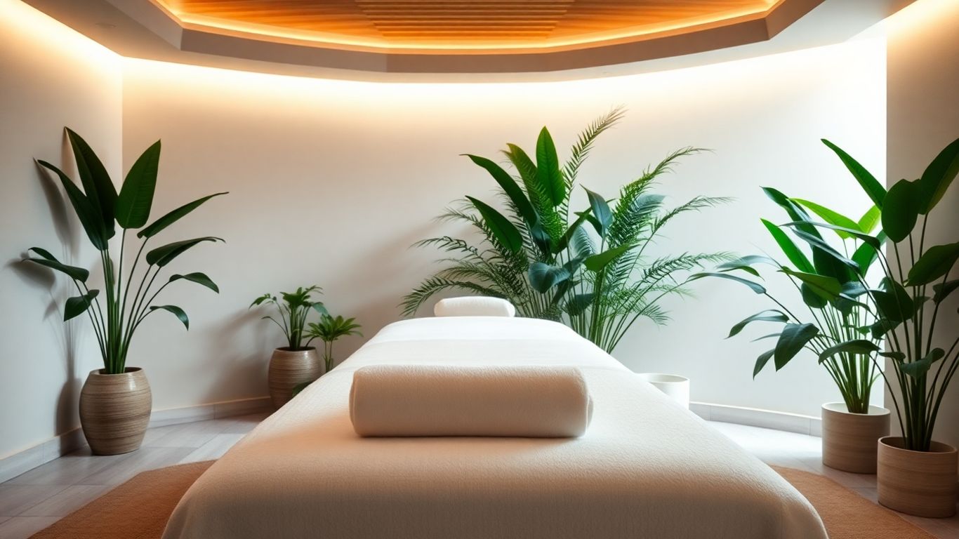 Une table de massage dans un spa paisible.