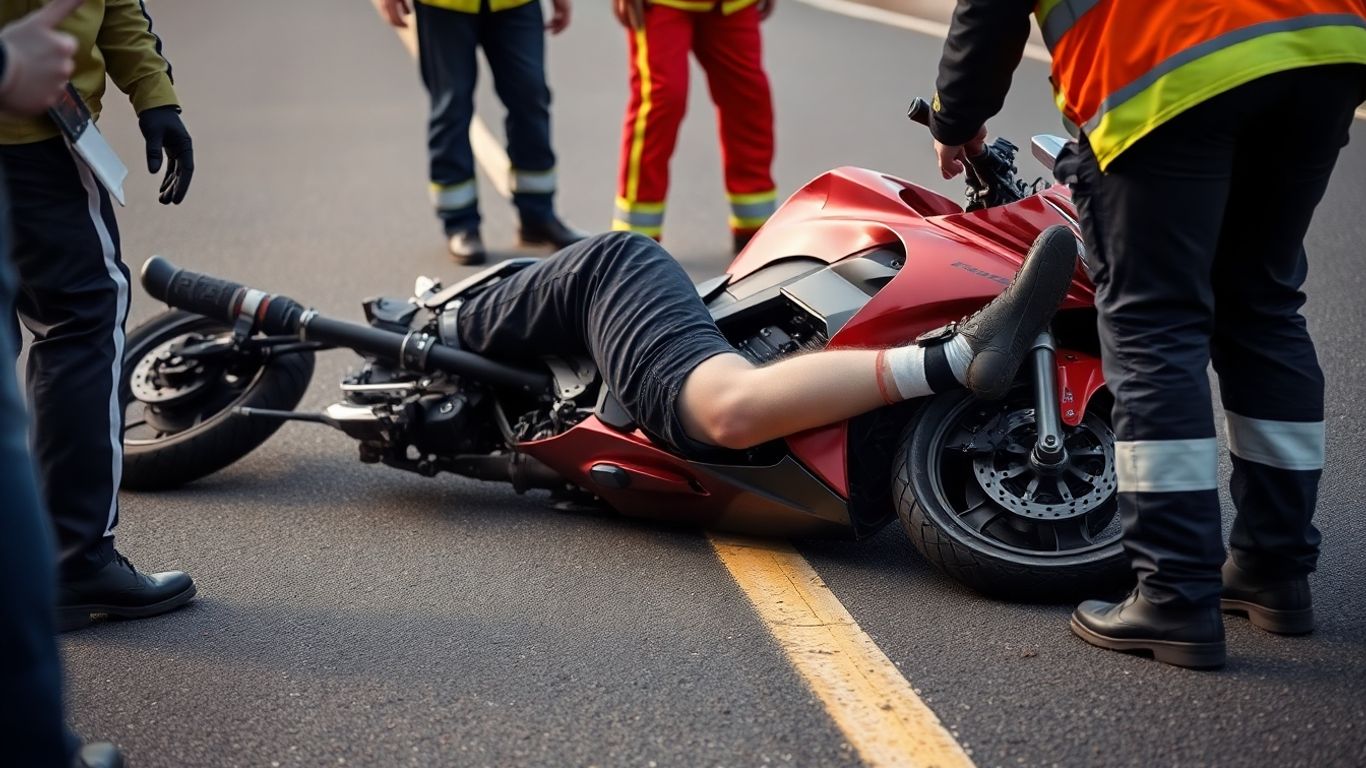 Motorcycle accident victim receiving medical attention.