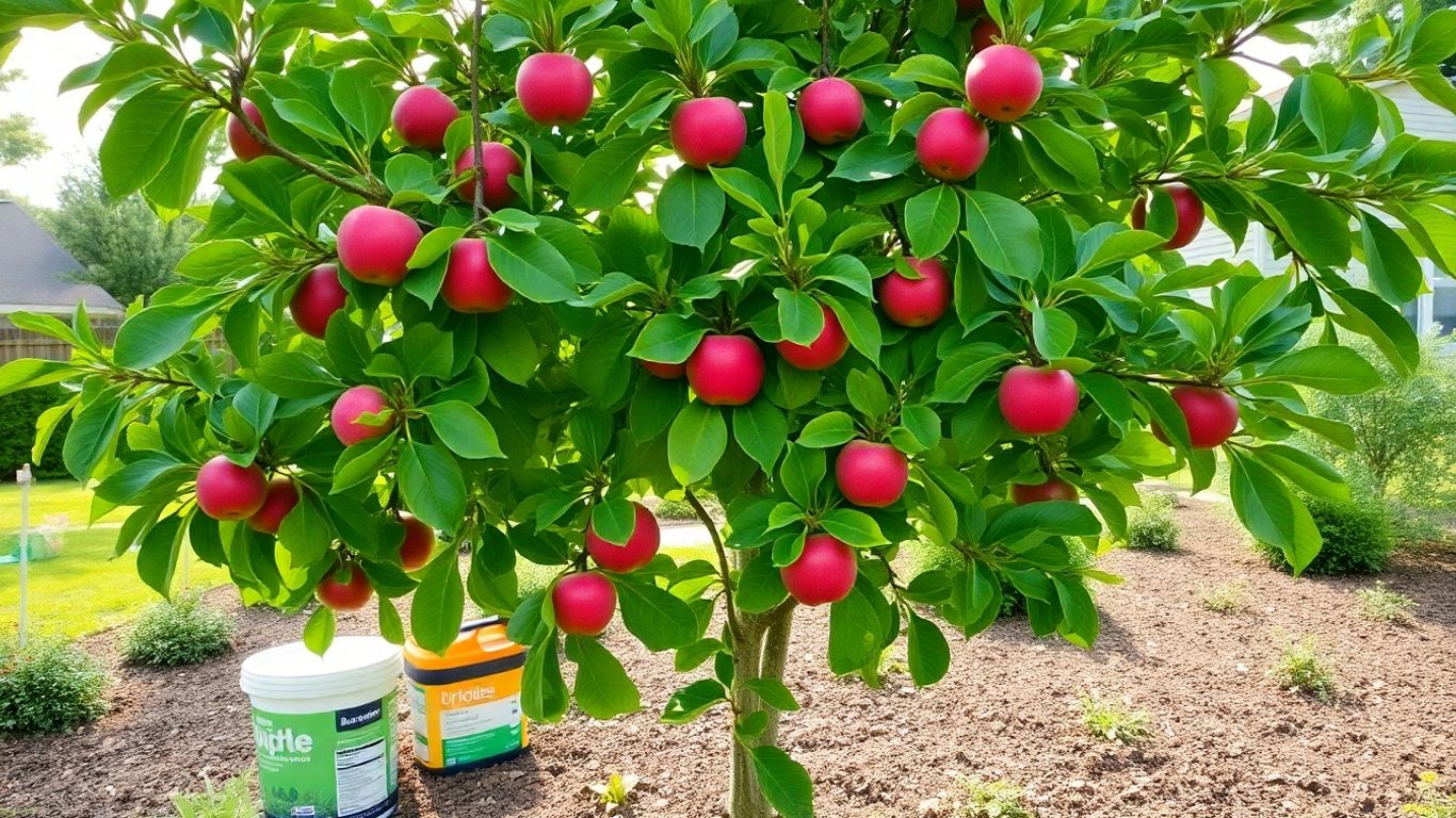 Apple tree with fertilizers in Ottawa backyard garden