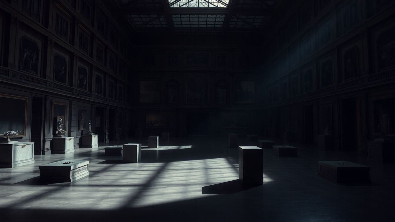 Musée du Louvre après un cambriolage, vitrines vides.